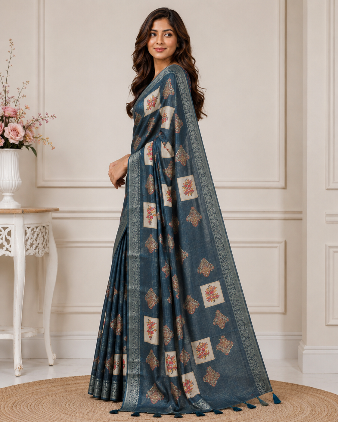 Blue Printed Kanjivaram Silk Saree for Women | Traditional Designer Saree