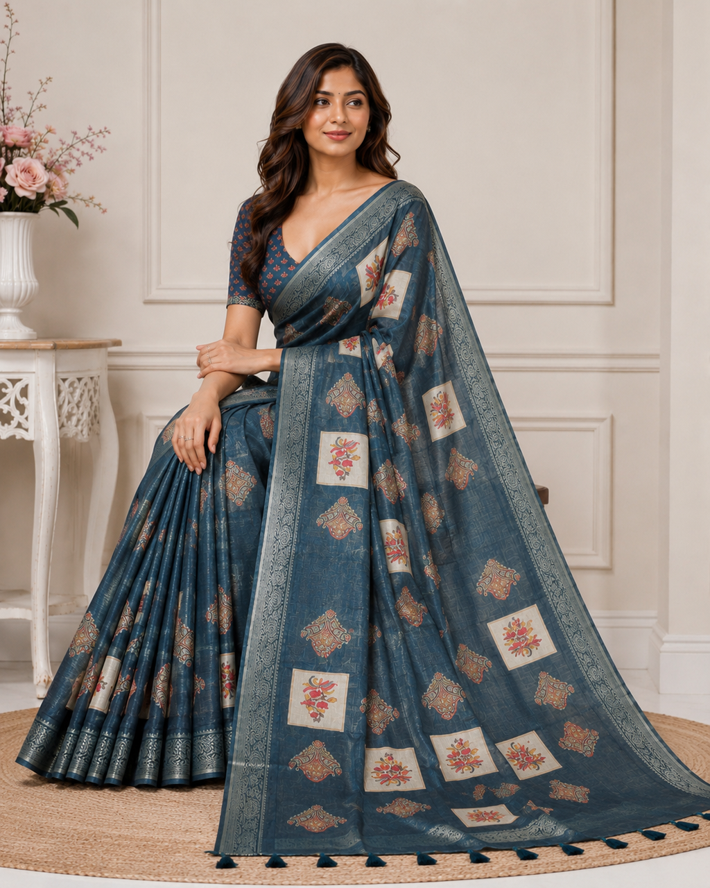 Blue Printed Kanjivaram Silk Saree for Women | Traditional Designer Saree
