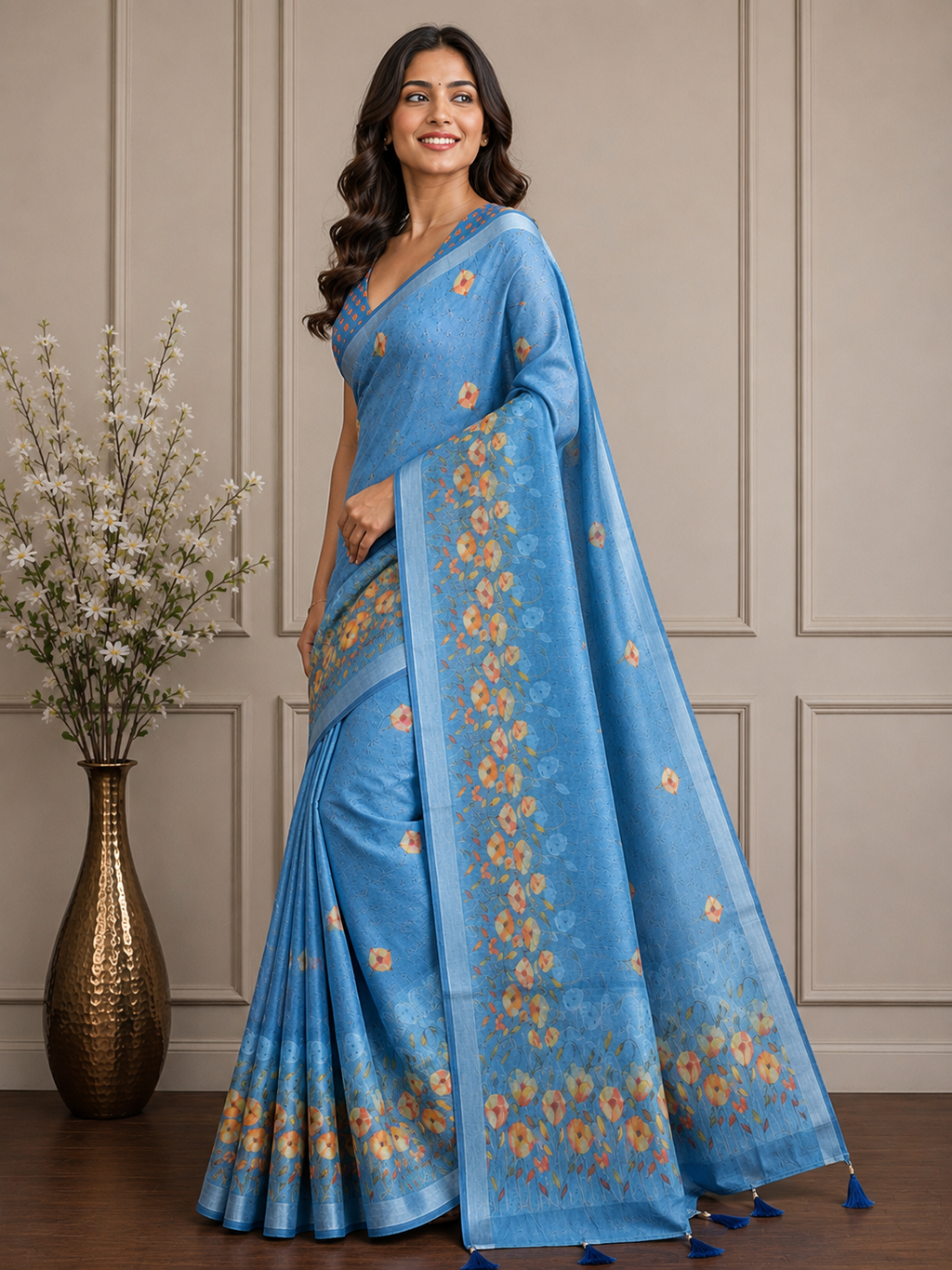 Sky Blue Floral Cotton Silk Saree with Printed Border