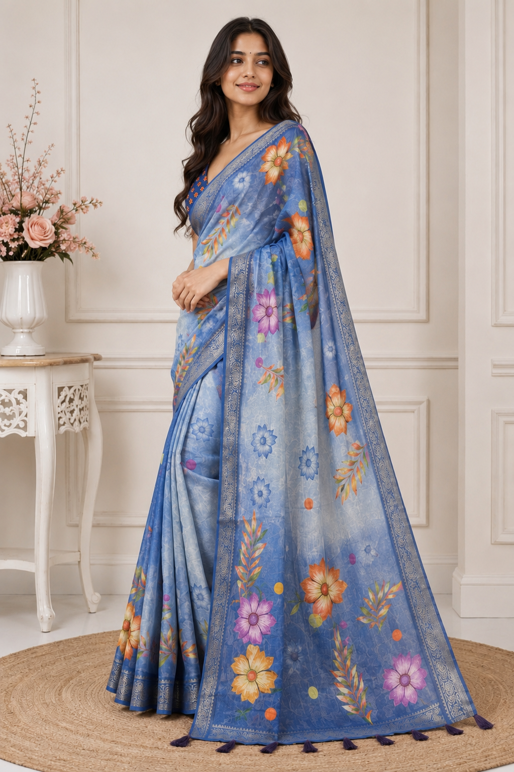 Blue Floral Printed Kanjivaram Silk Saree for Women | Elegant Festive Saree