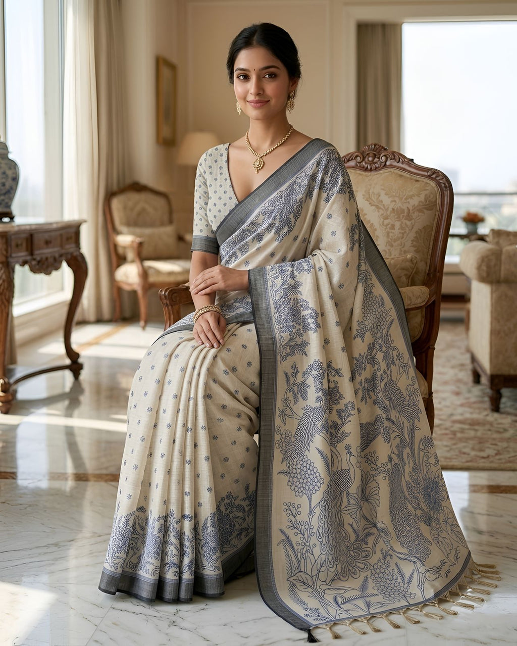 Cream Blue Floral Printed Saree with Designer Pallu & Grey Border
