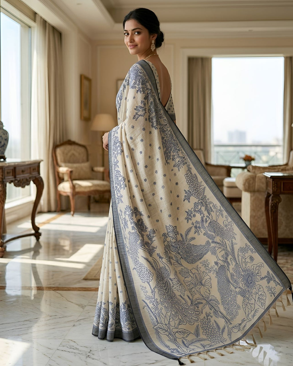 Cream Blue Floral Printed Saree with Designer Pallu & Grey Border