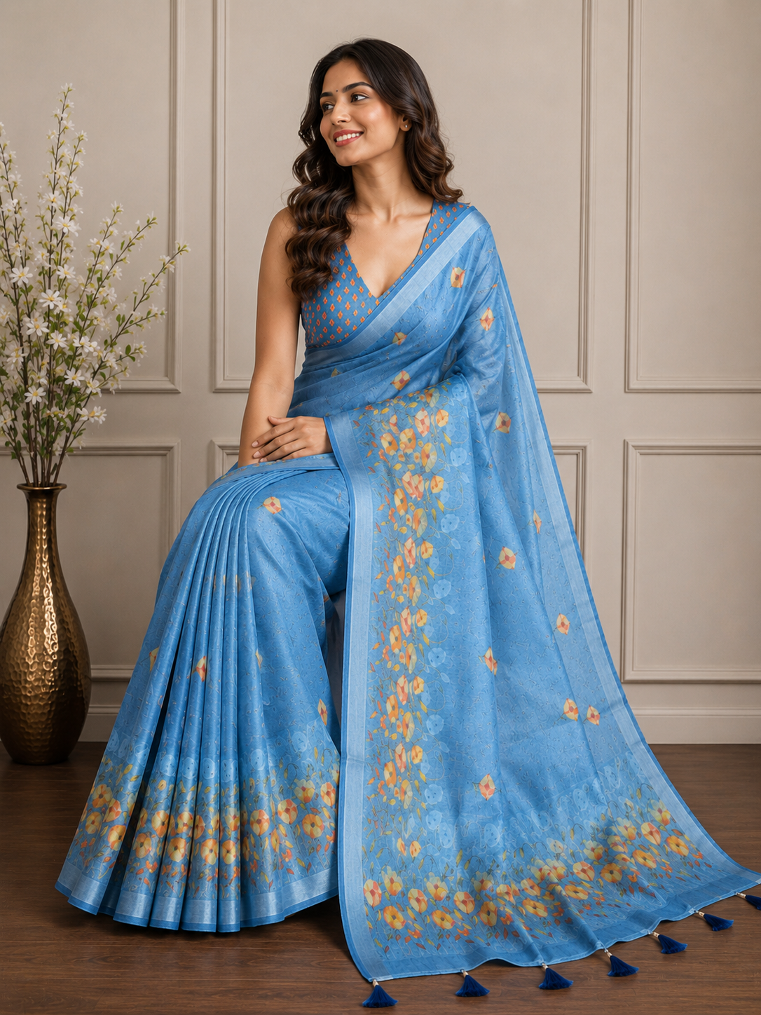 Sky Blue Floral Cotton Silk Saree with Printed Border
