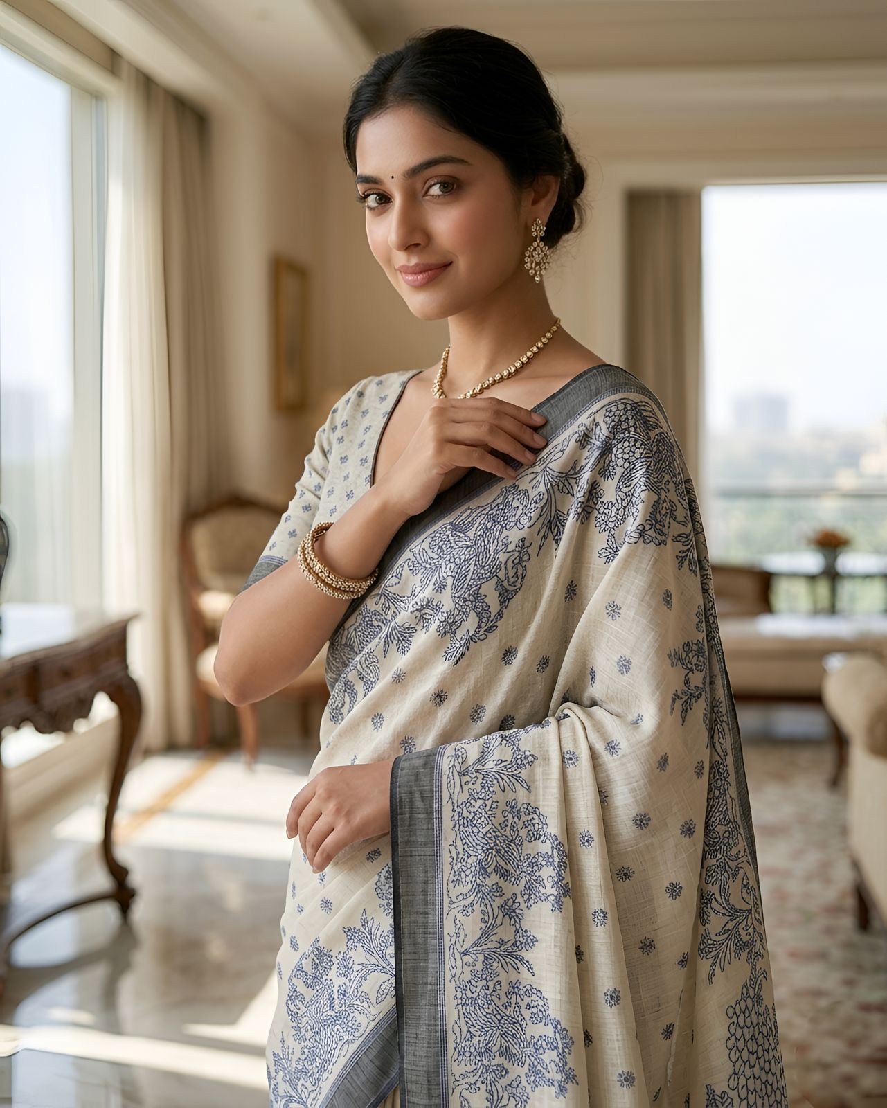 Cream Blue Floral Printed Saree with Designer Pallu & Grey Border