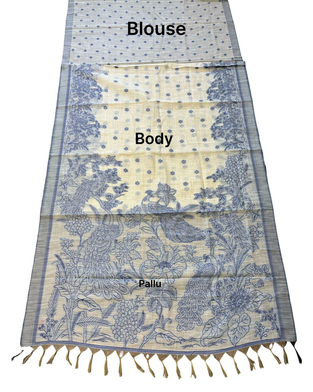 Cream Blue Floral Printed Saree with Designer Pallu & Grey Border
