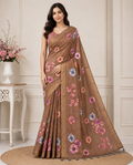 Brown Floral Printed Kanjivaram Silk Saree for Women | Elegant Festive Saree