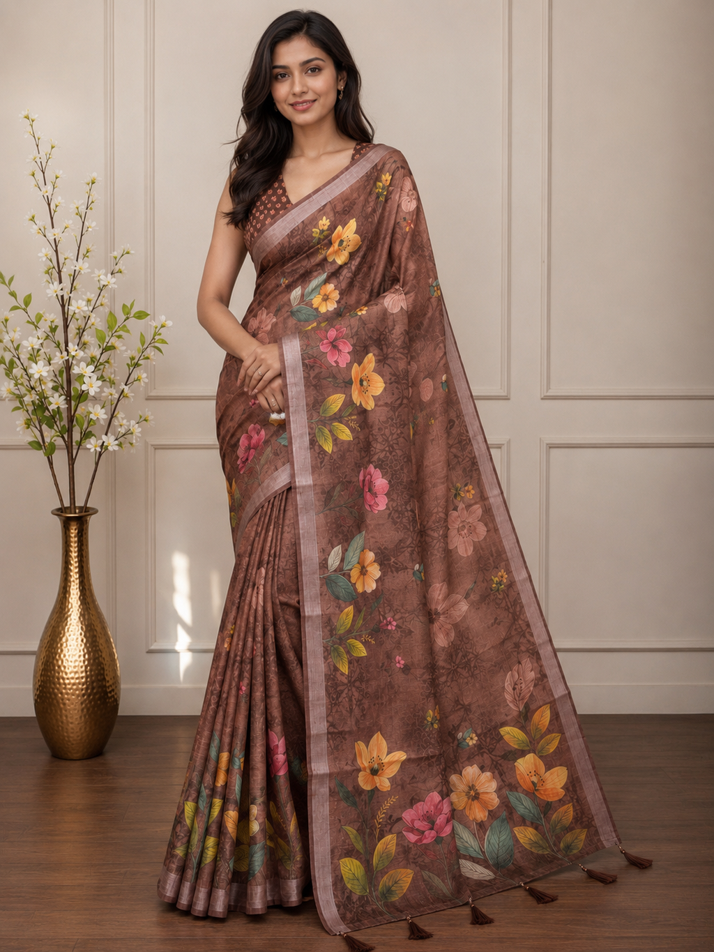Brown Floral Cotton Silk Saree with Elegant Printed Pallu