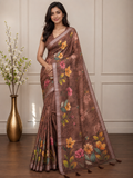 Brown Floral Cotton Silk Saree with Elegant Printed Pallu
