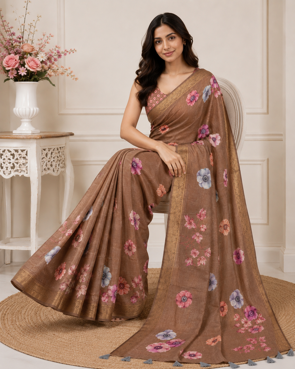Brown Floral Printed Kanjivaram Silk Saree for Women | Elegant Festive Saree