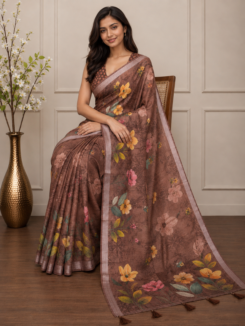 Brown Floral Cotton Silk Saree with Elegant Printed Pallu