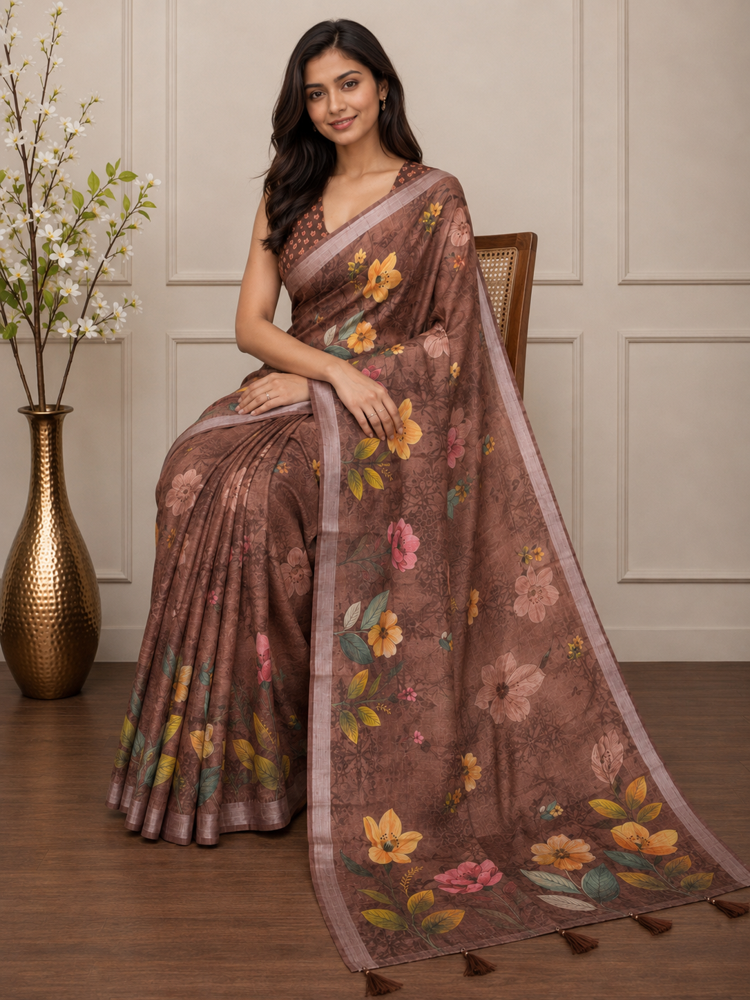 Brown Floral Cotton Silk Saree with Elegant Printed Pallu