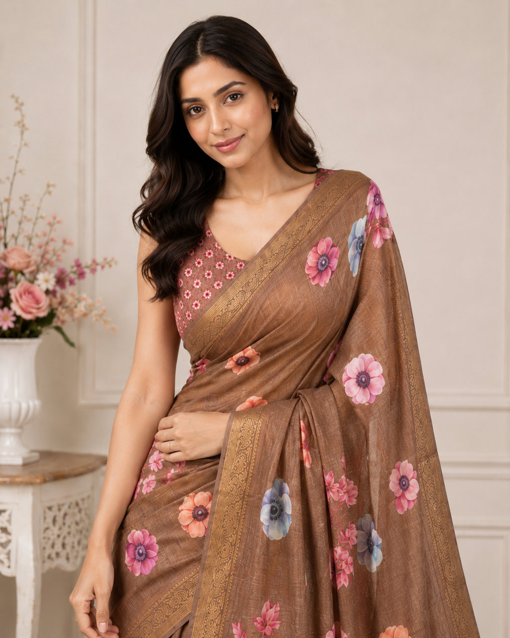 Brown Floral Printed Kanjivaram Silk Saree for Women | Elegant Festive Saree