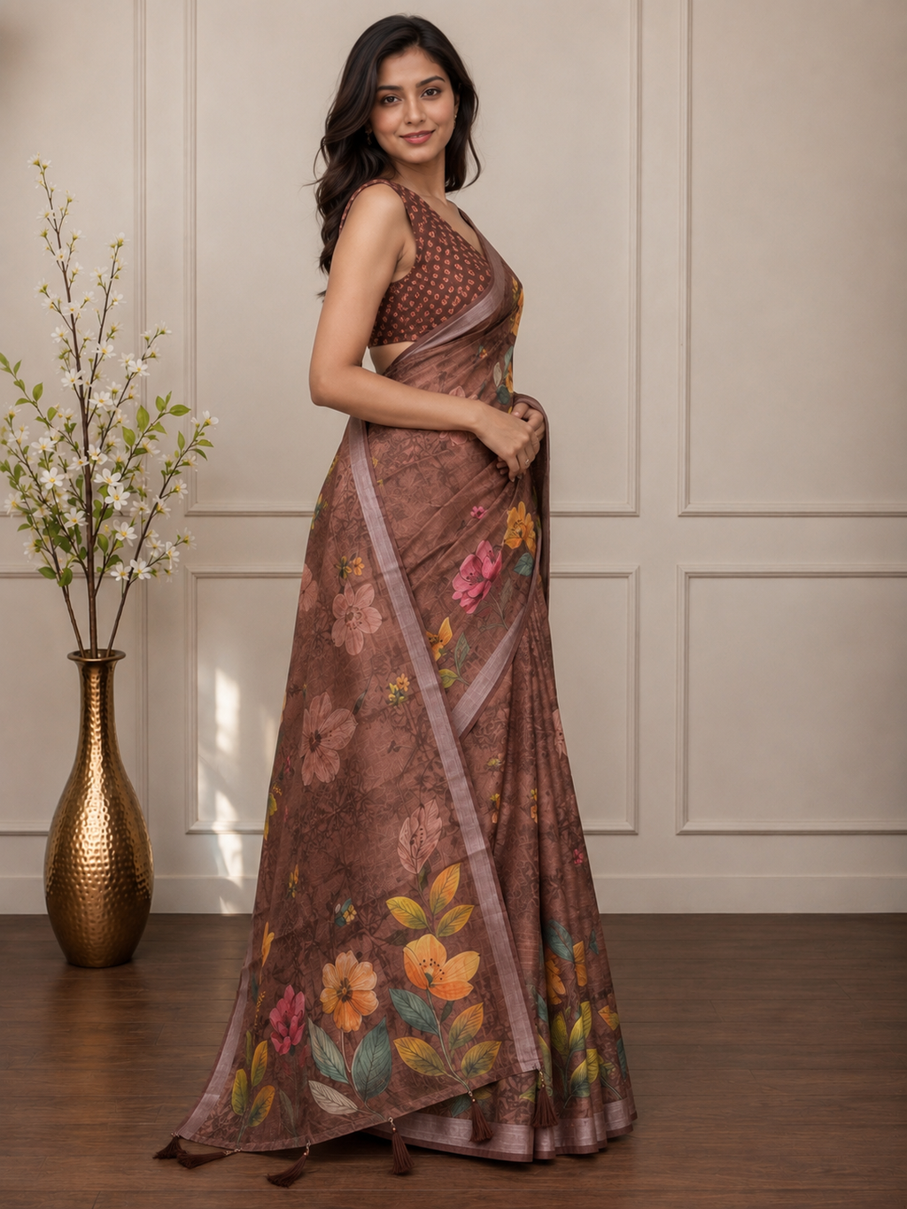 Brown Floral Cotton Silk Saree with Elegant Printed Pallu