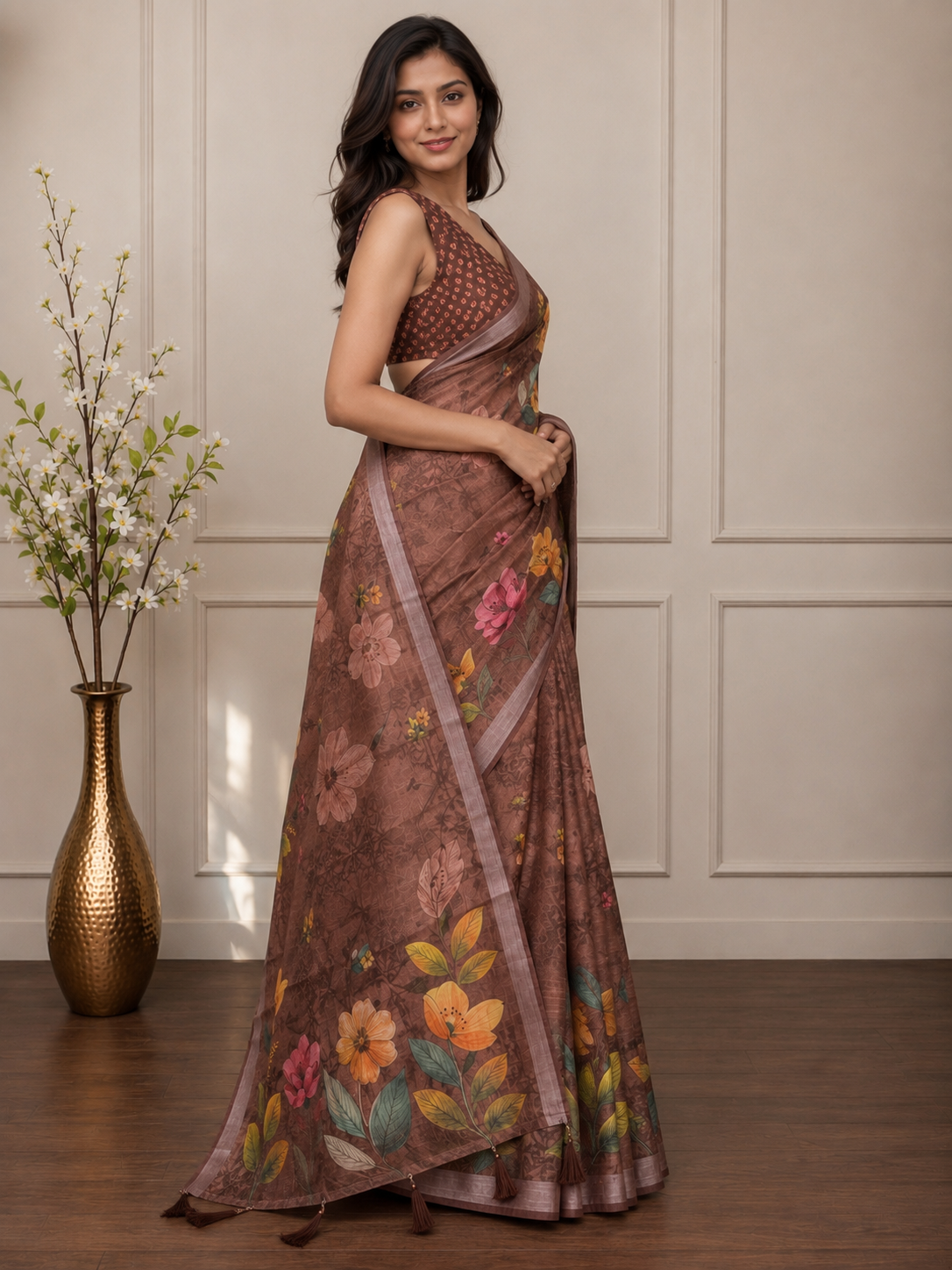 Brown Floral Cotton Silk Saree with Elegant Printed Pallu
