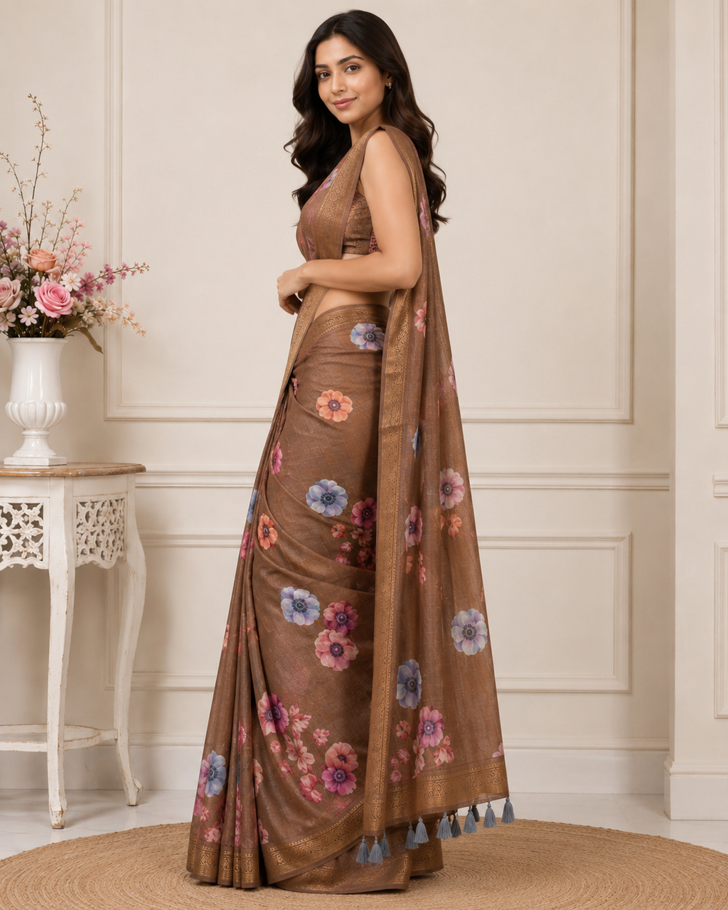 Brown Floral Printed Kanjivaram Silk Saree for Women | Elegant Festive Saree