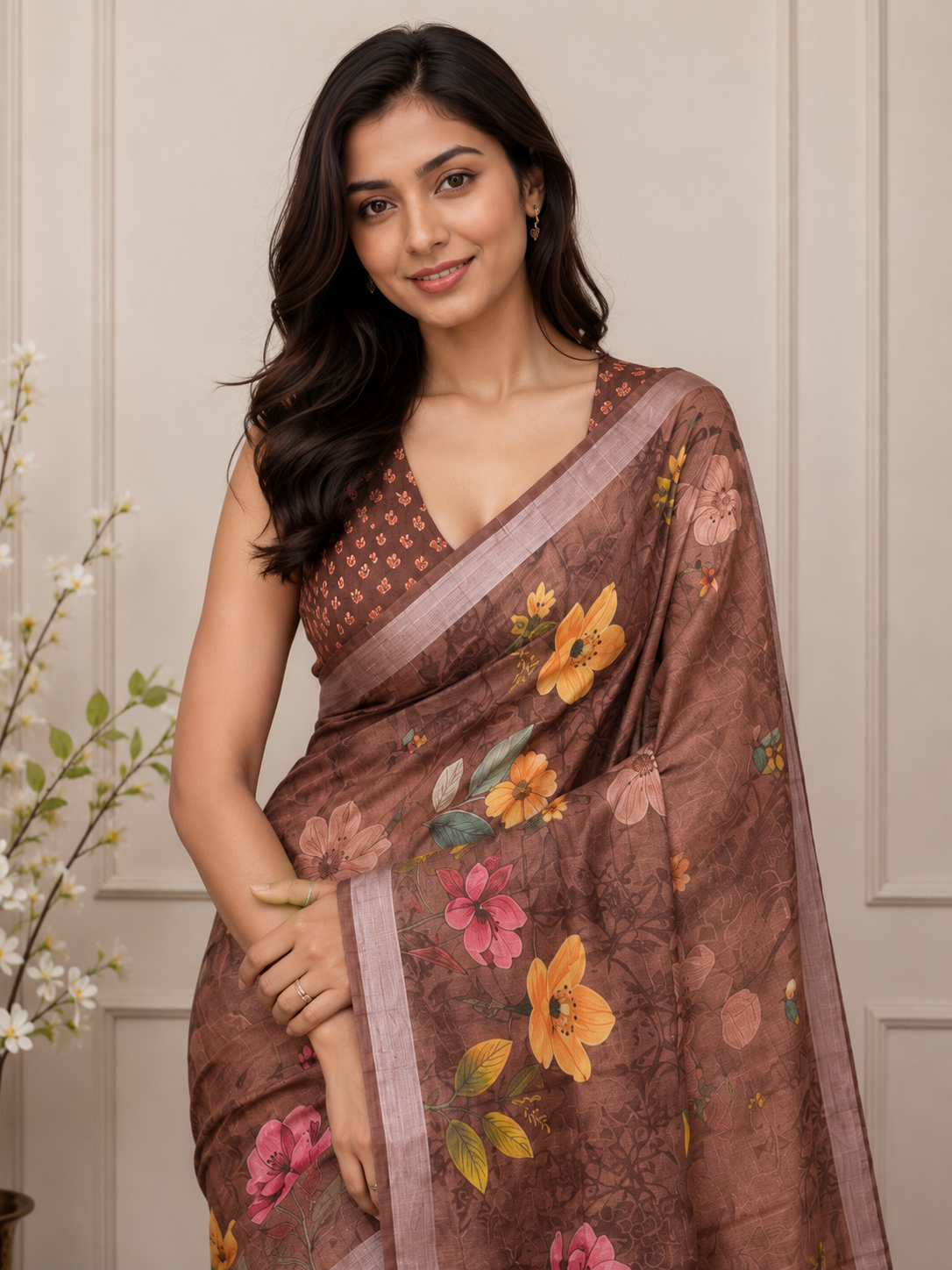 Brown Floral Cotton Silk Saree with Elegant Printed Pallu