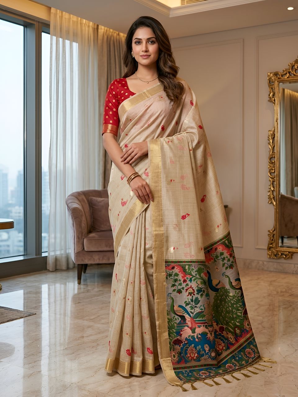 Cream Silk Saree with Peacock Kalamkari Pallu & Golden Border