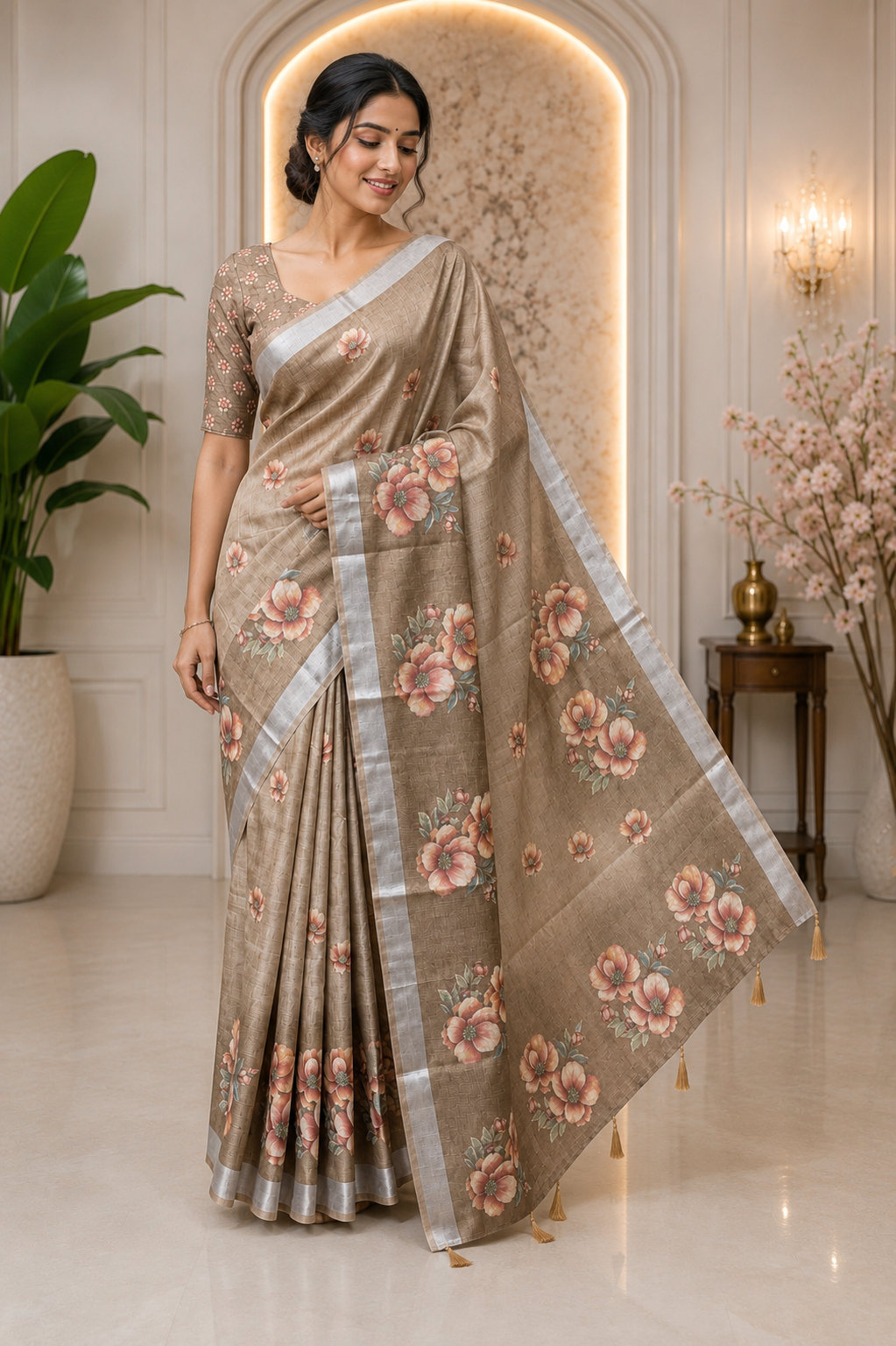 Cream Floral Printed Linen Blend Saree with Tassels