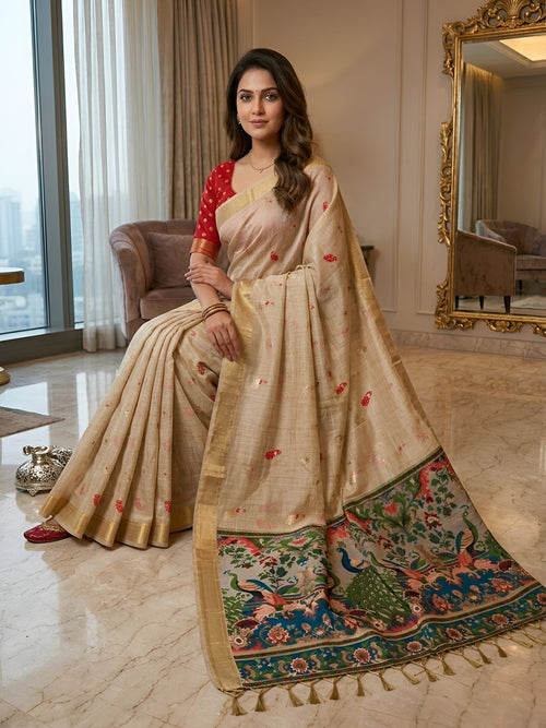 Cream Silk Saree with Peacock Kalamkari Pallu & Golden Border