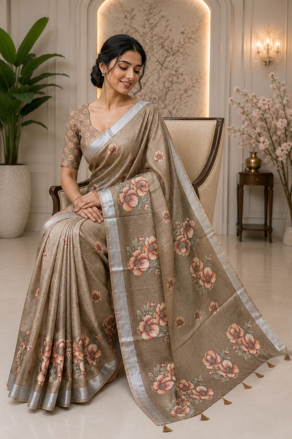Cream Floral Printed Linen Blend Saree with Tassels