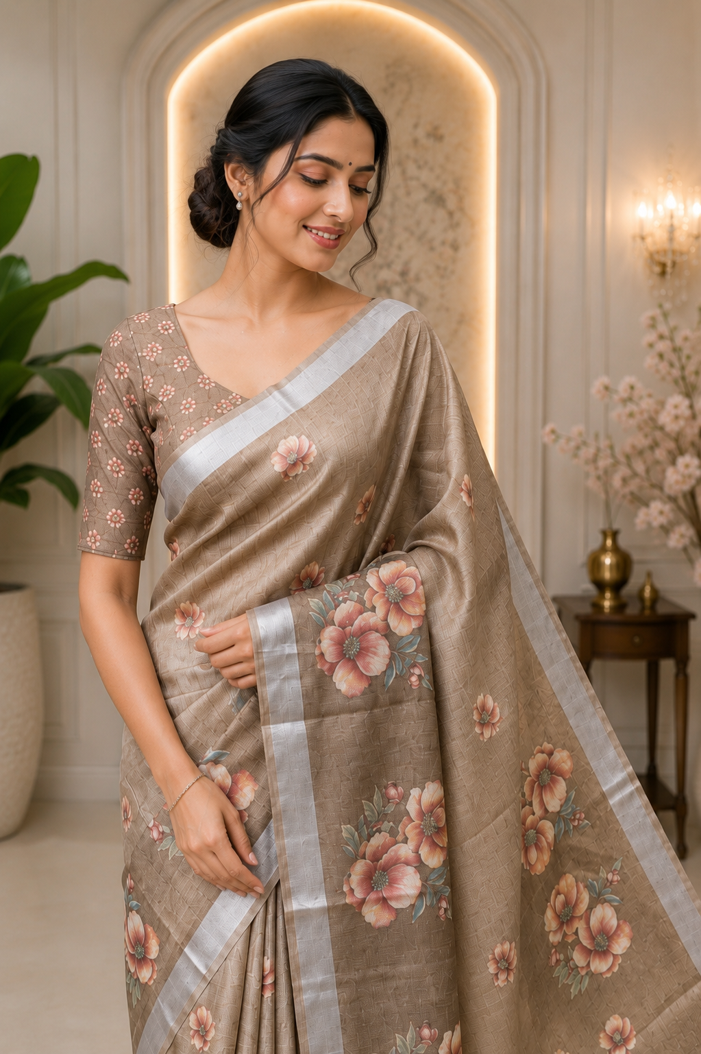 Cream Floral Printed Linen Blend Saree with Tassels