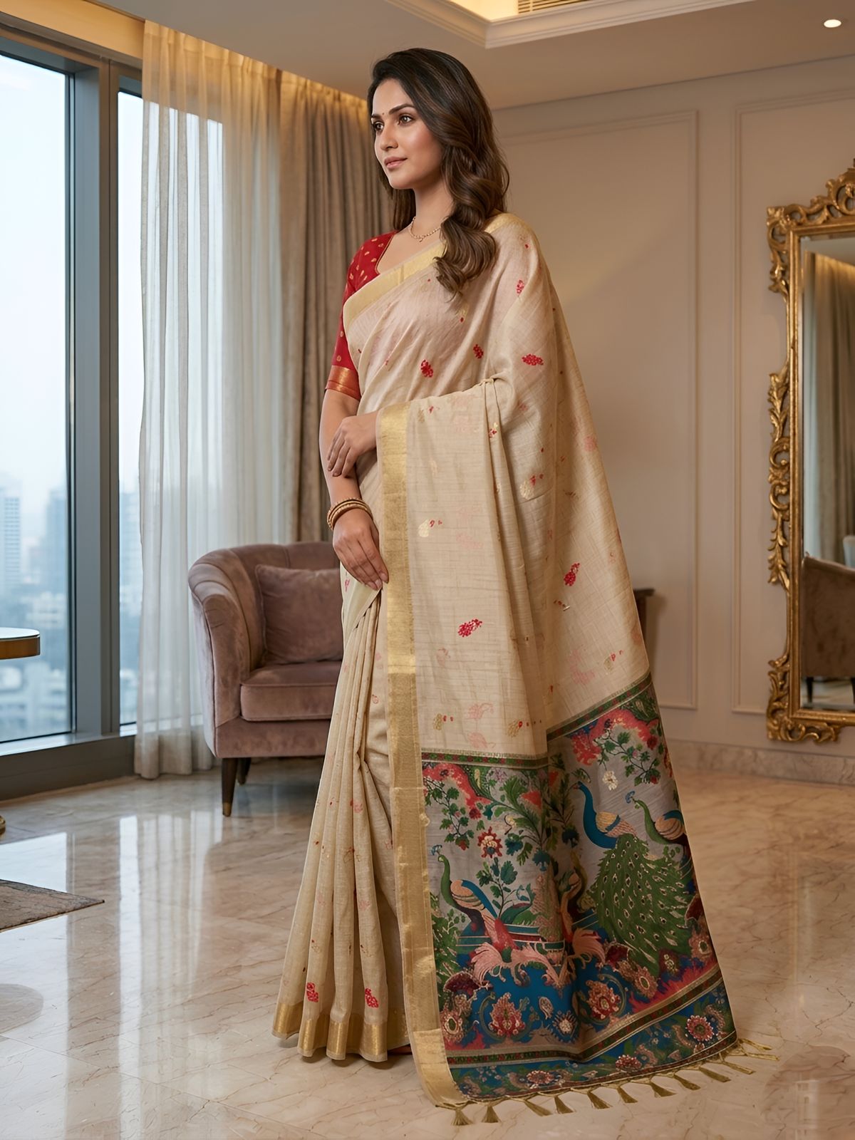 Cream Silk Saree with Peacock Kalamkari Pallu & Golden Border