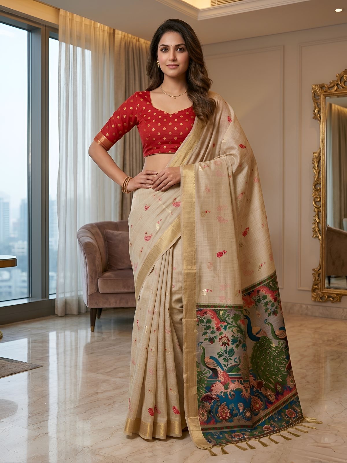 Cream Silk Saree with Peacock Kalamkari Pallu & Golden Border