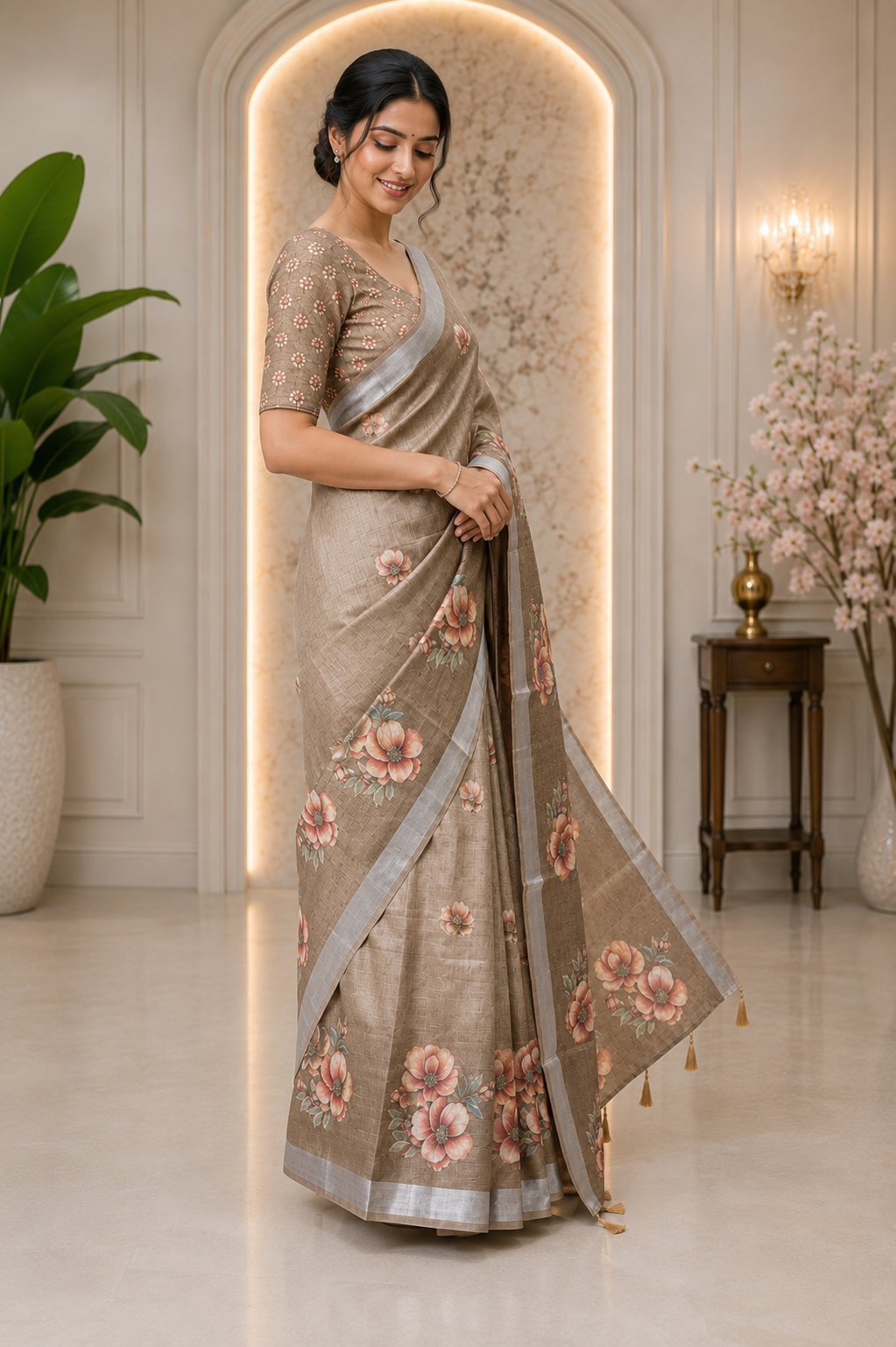 Cream Floral Printed Linen Blend Saree with Tassels