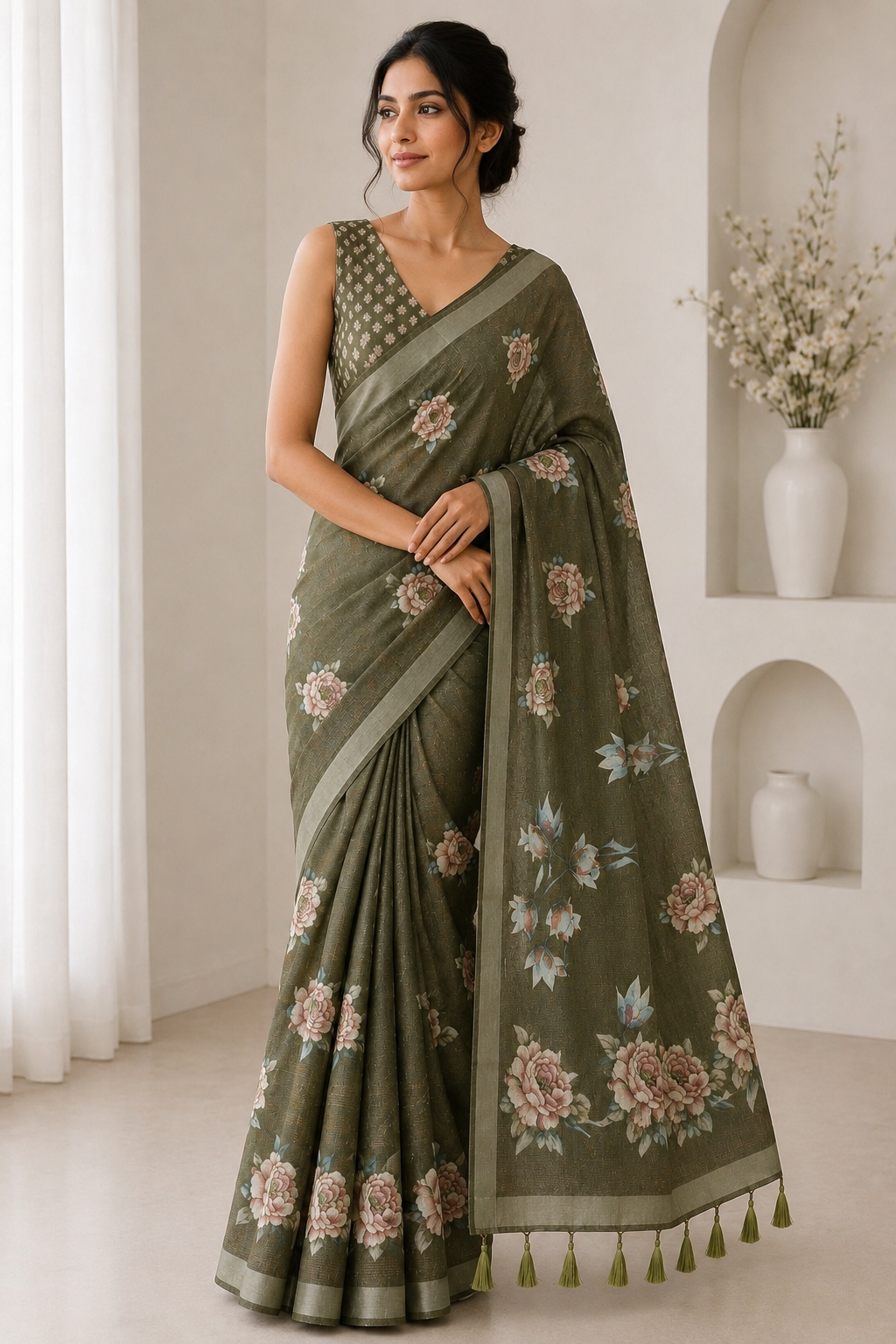 Olive Green Floral Printed Linen Blend Saree with Tassels