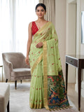 Pastel Green Silk Saree with Peacock Kalamkari Pallu & Golden Zari Border