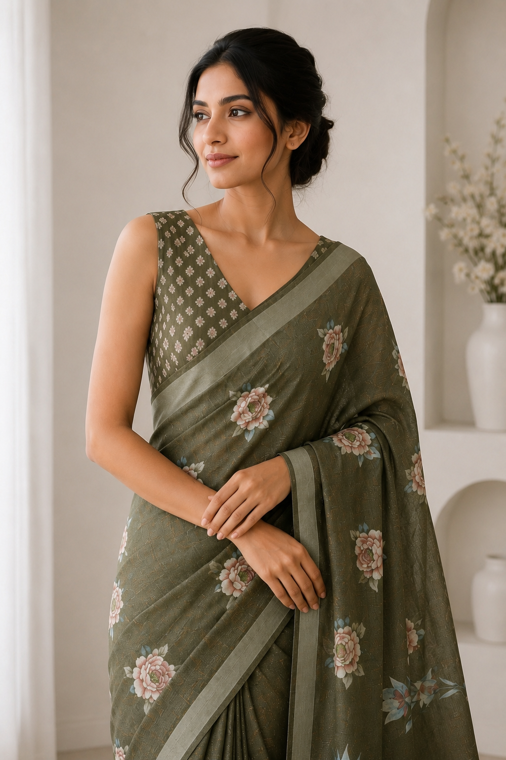 Olive Green Floral Printed Linen Blend Saree with Tassels