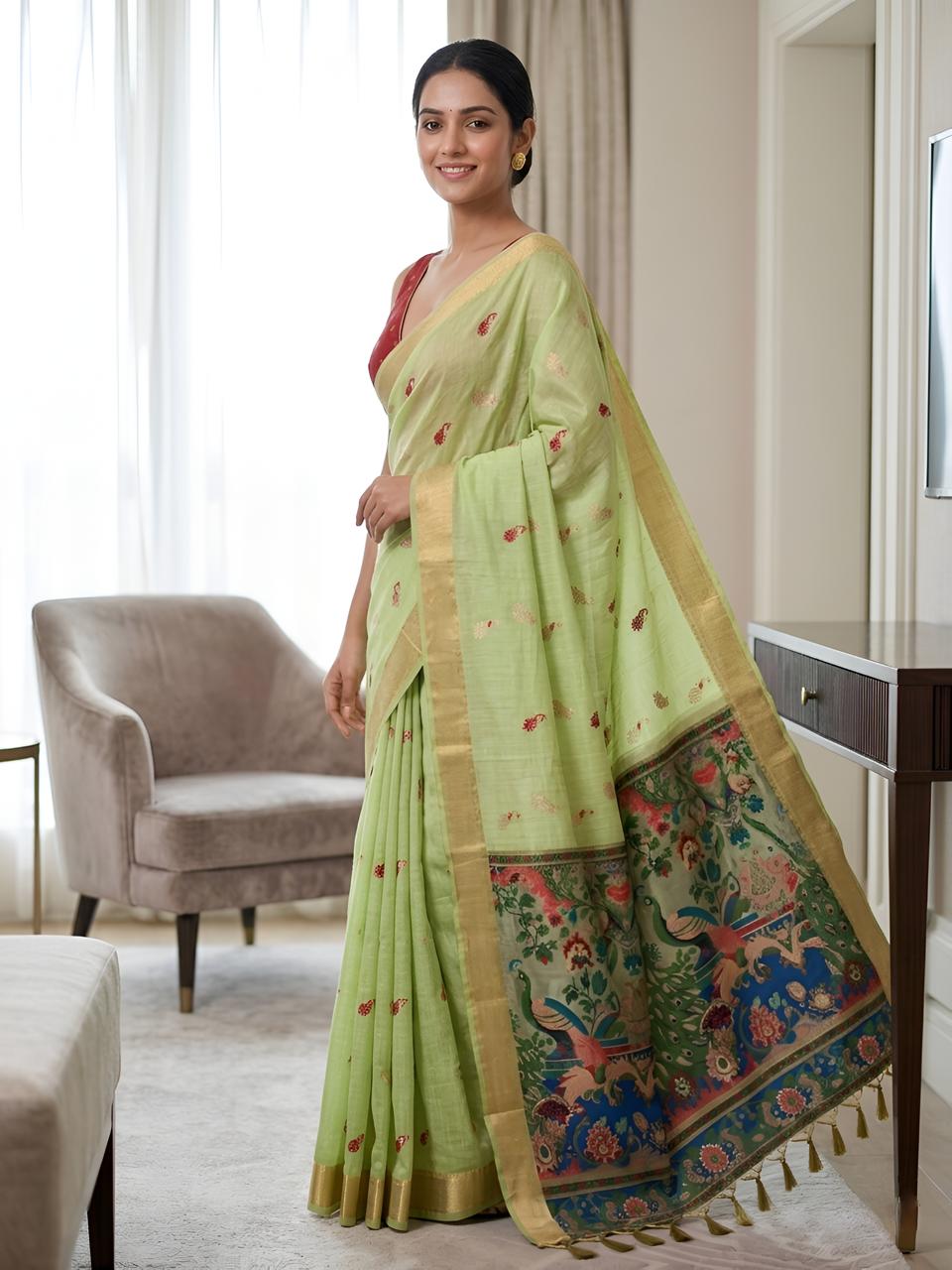 Pastel Green Silk Saree with Peacock Kalamkari Pallu & Golden Zari Border