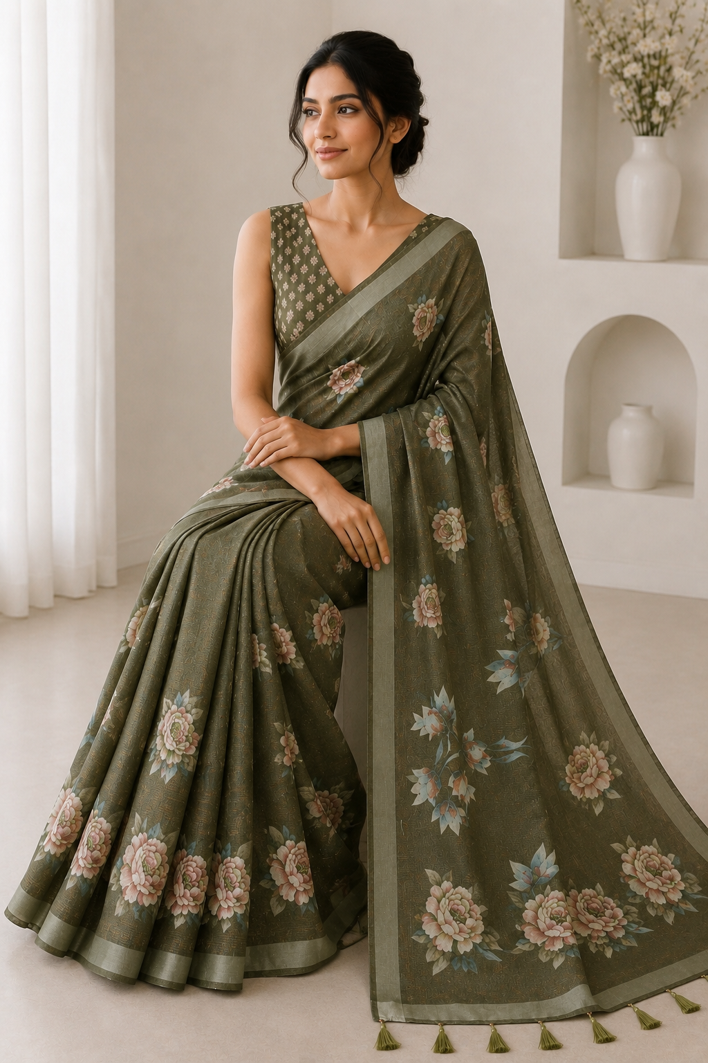 Olive Green Floral Printed Linen Blend Saree with Tassels
