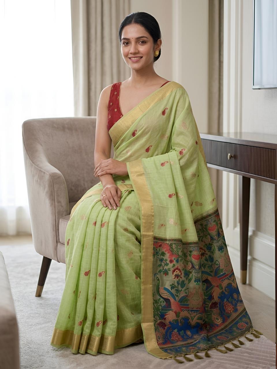 Pastel Green Silk Saree with Peacock Kalamkari Pallu & Golden Zari Border