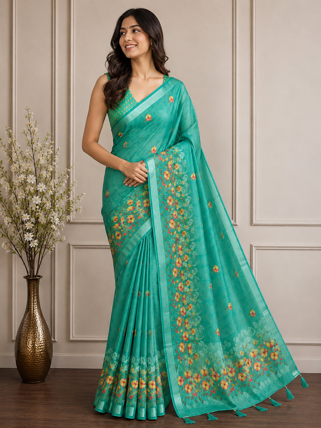 Green Floral Cotton Silk Saree with Designer Printed Pallu