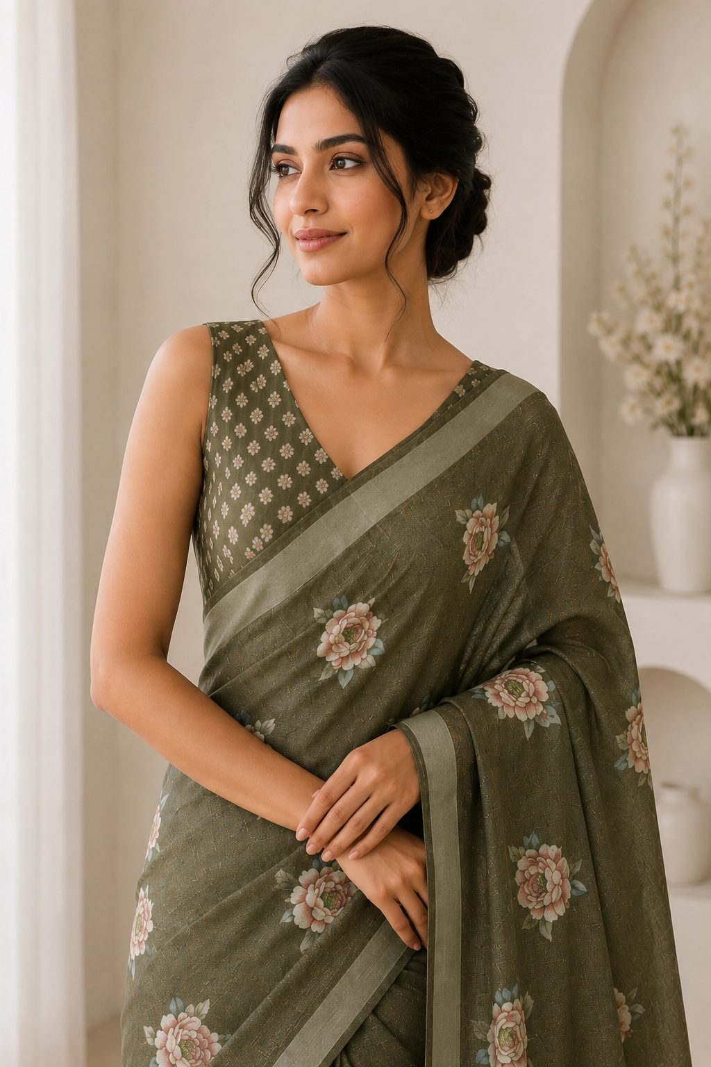 Olive Green Floral Printed Linen Blend Saree with Tassels