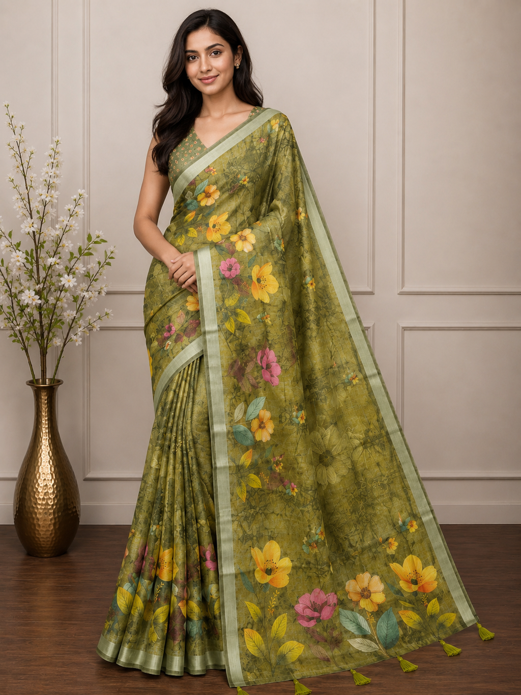 Green Floral Cotton Silk Saree with Designer Printed Pallu