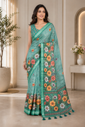 Green Floral Printed Linen Blend Saree with Tassels