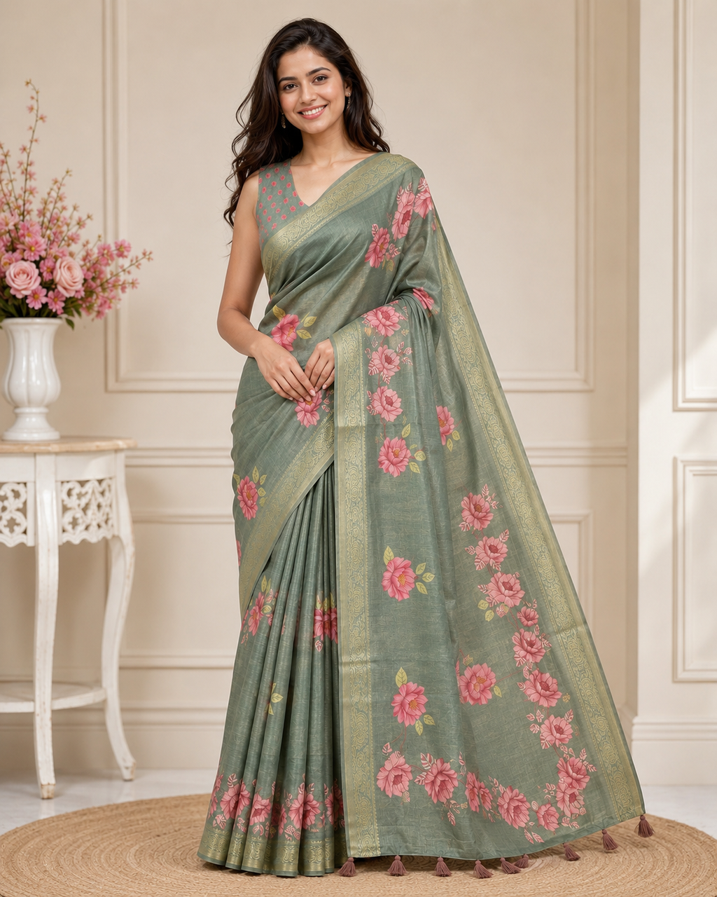 Green Floral Printed Kanjivaram Silk Saree for Women | Elegant Festive Saree