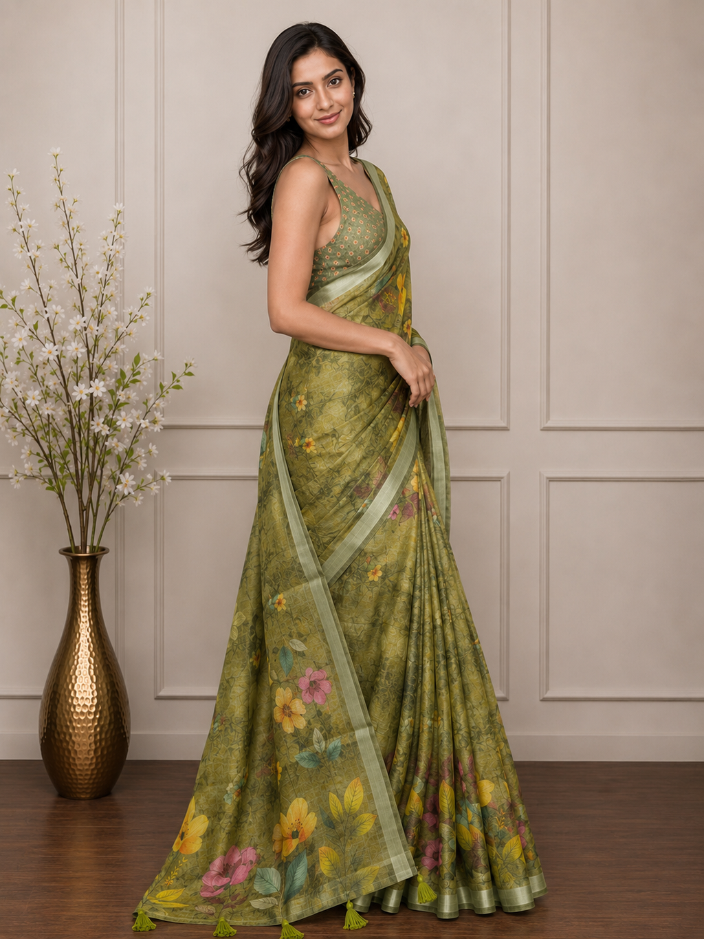 Green Floral Cotton Silk Saree with Designer Printed Pallu