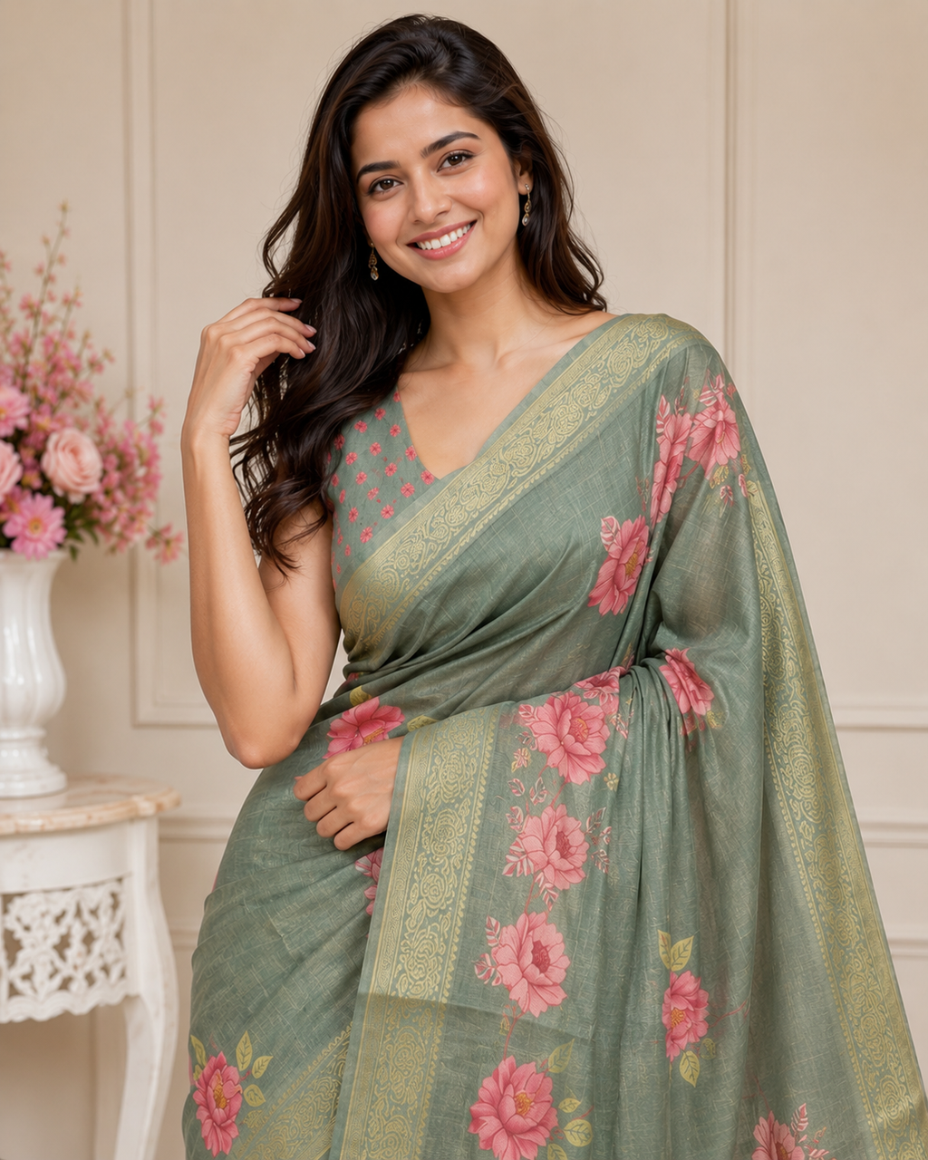 Green Floral Printed Kanjivaram Silk Saree for Women | Elegant Festive Saree