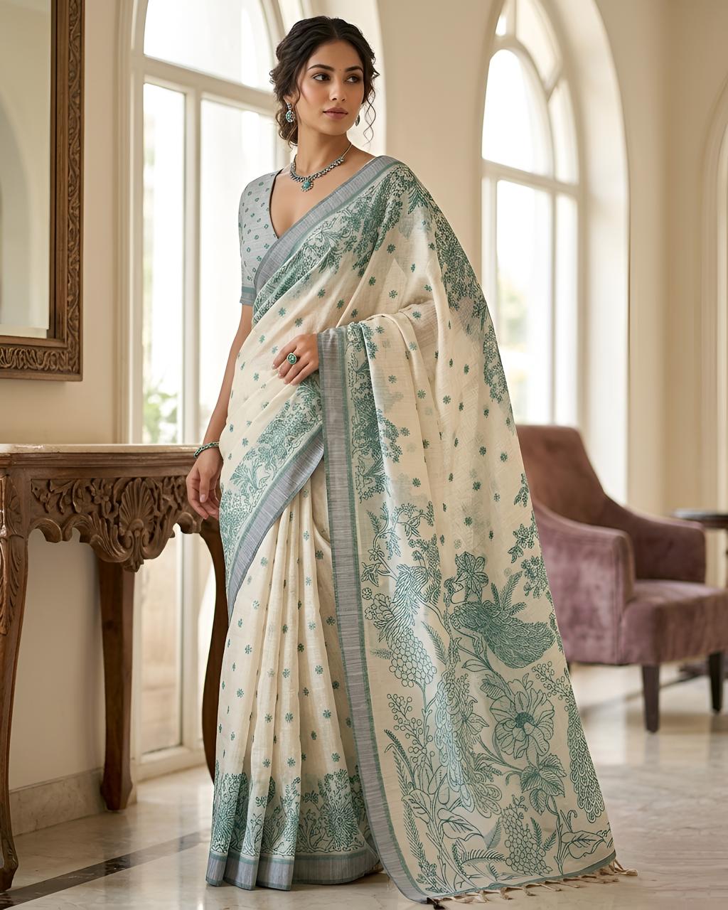 Green Printed Saree with Floral Design & Designer Pallu