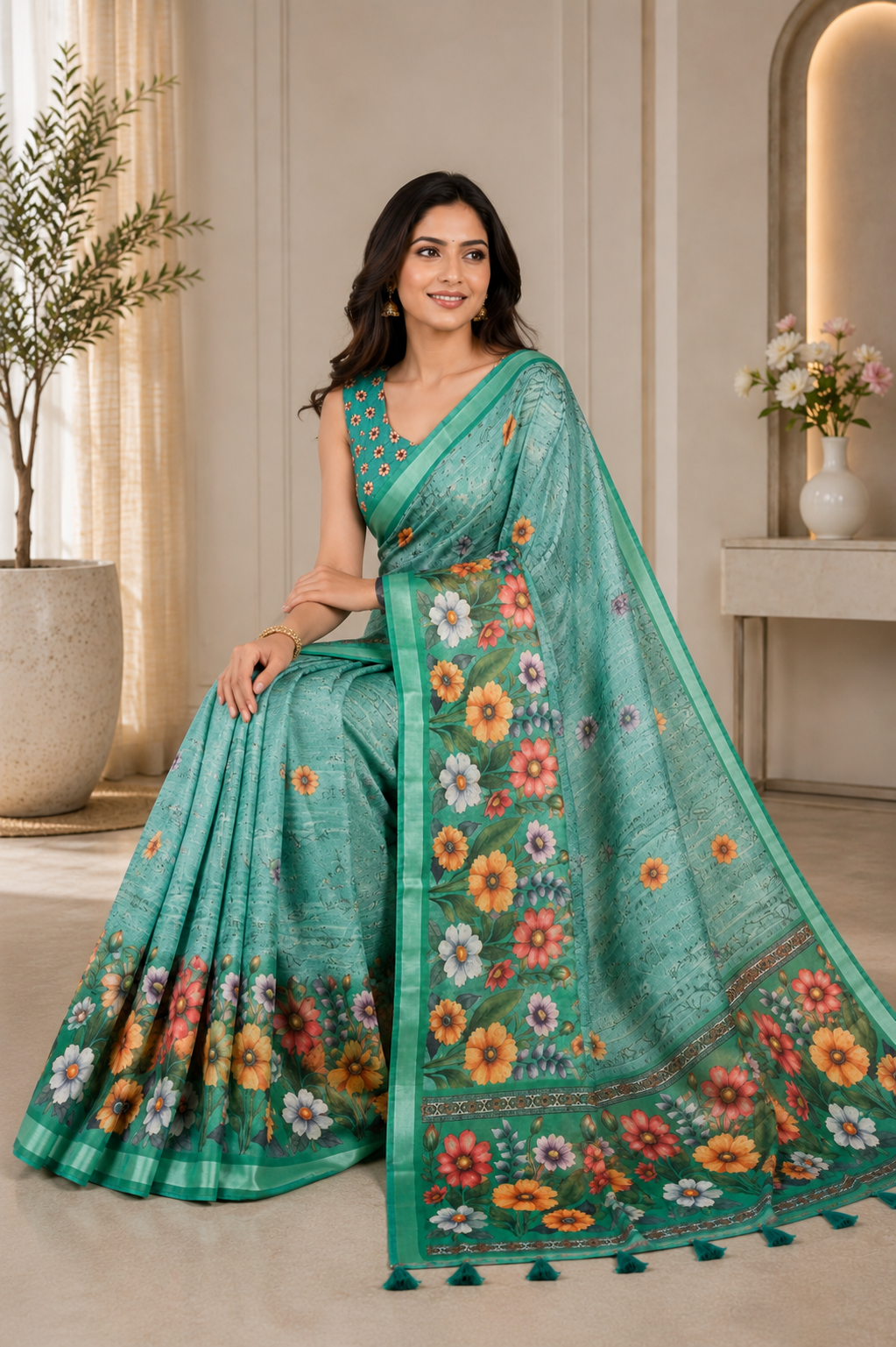 Green Floral Printed Linen Blend Saree with Tassels