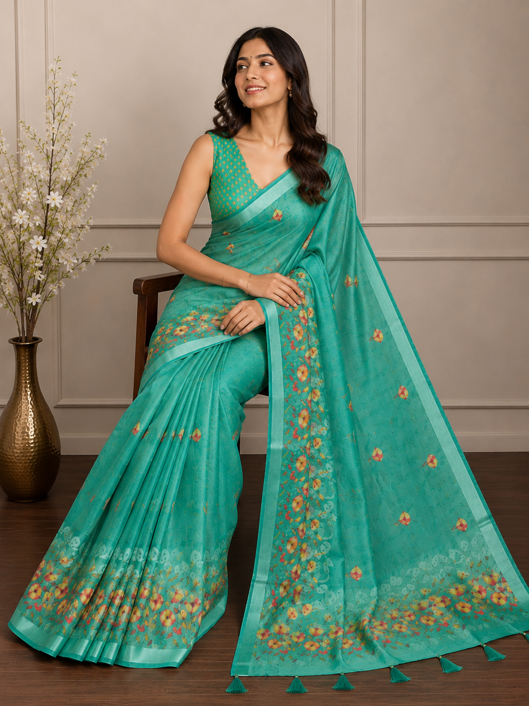 Green Floral Cotton Silk Saree with Designer Printed Pallu