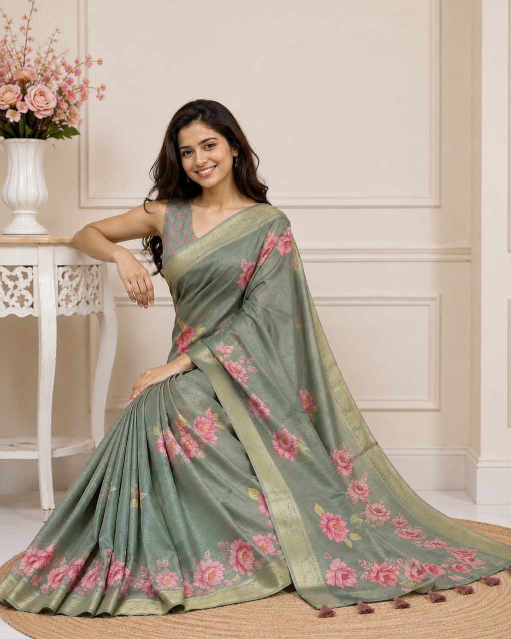 Green Floral Printed Kanjivaram Silk Saree for Women | Elegant Festive Saree
