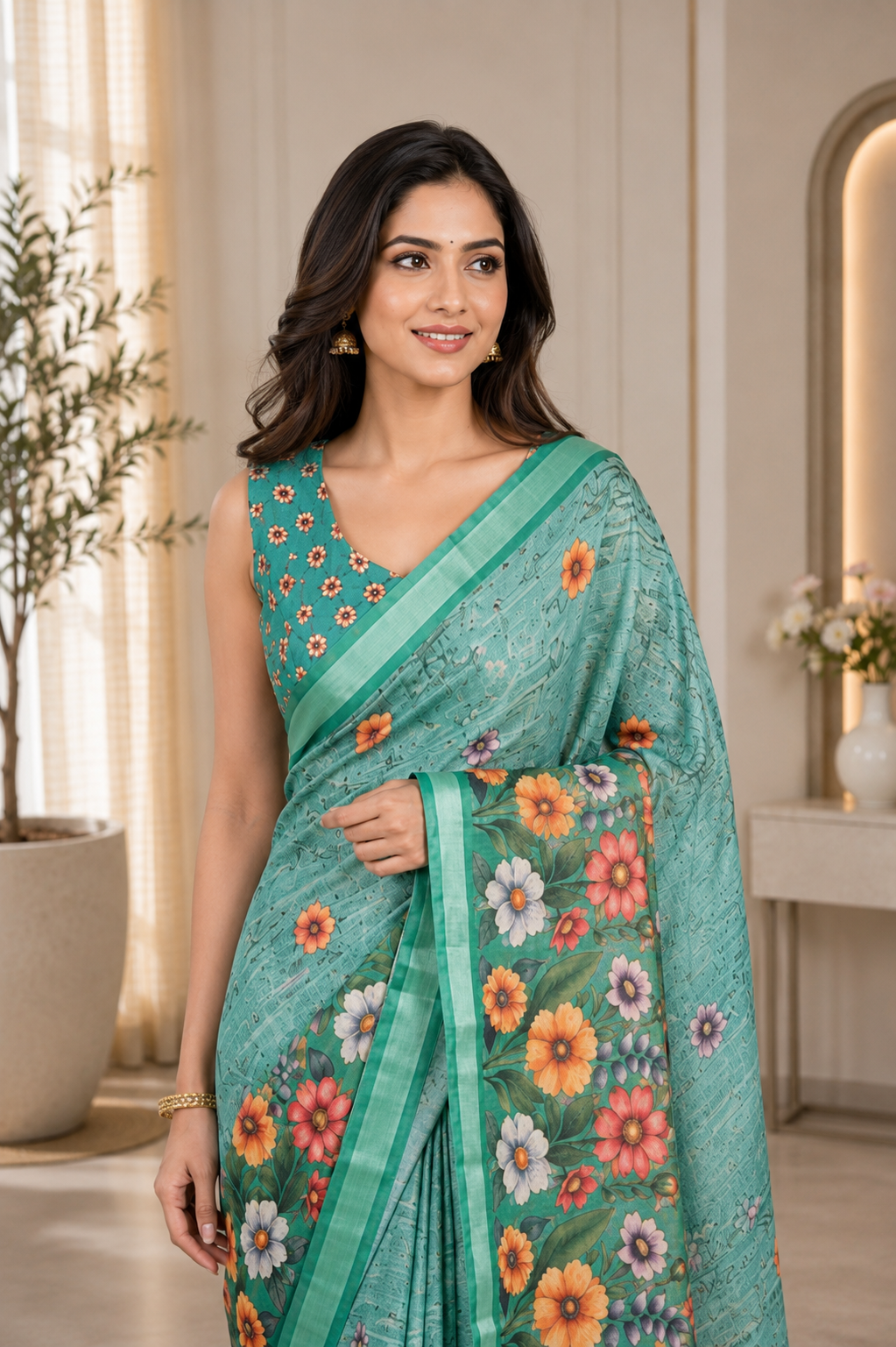 Green Floral Printed Linen Blend Saree with Tassels
