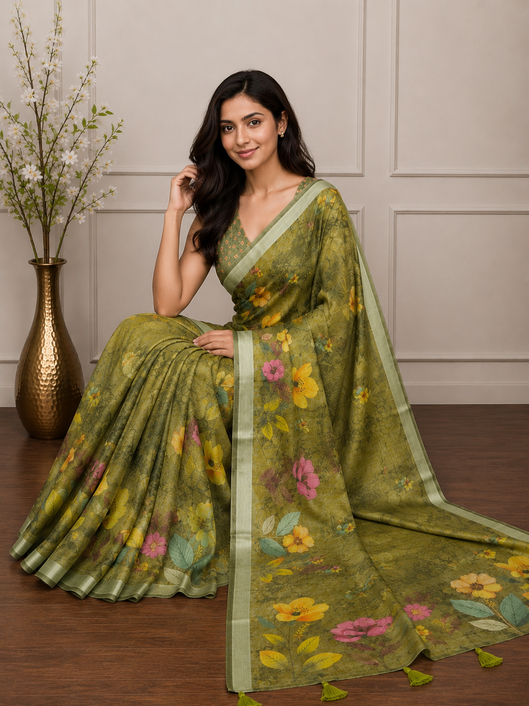 Green Floral Cotton Silk Saree with Designer Printed Pallu
