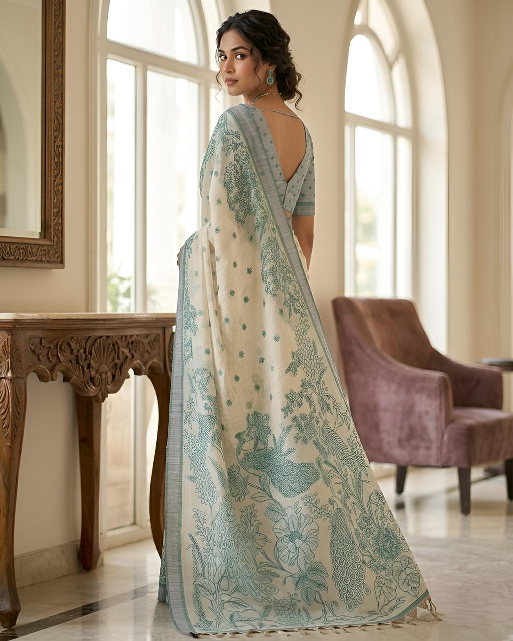 Green Printed Saree with Floral Design & Designer Pallu