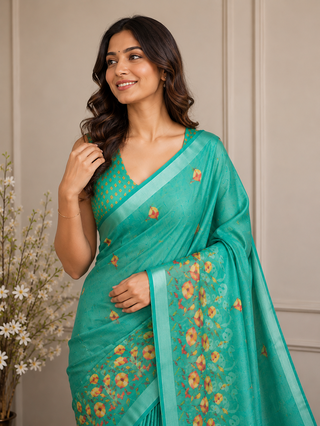 Green Floral Cotton Silk Saree with Designer Printed Pallu