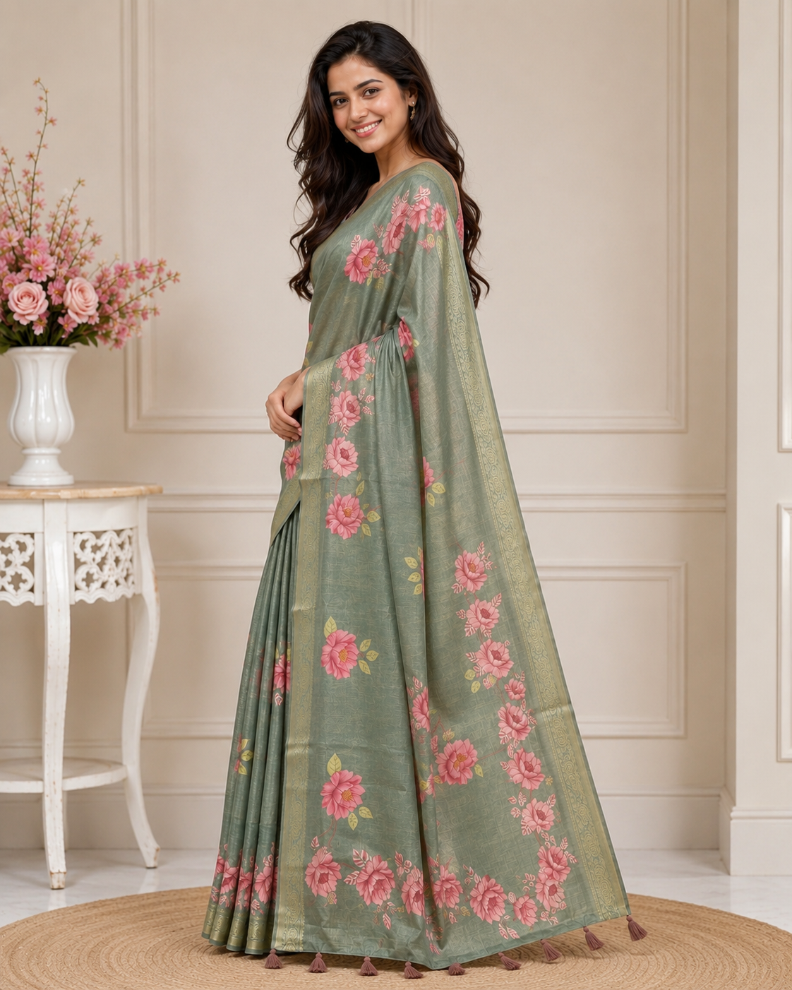 Green Floral Printed Kanjivaram Silk Saree for Women | Elegant Festive Saree